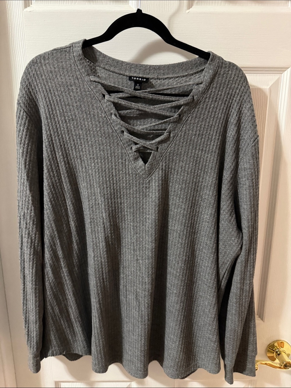 Torrid Gray Ribbed Lace-Up V-Neck Long Sleeve Top Torrid Size 0